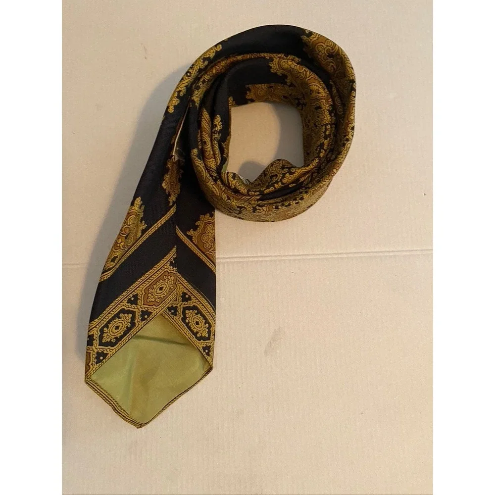 Vintage The Broadway by Di Mario Silk Tie Ornate Gold Black Italian Foulard